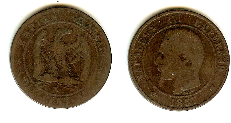 Dix centimes Napoléon III, tête nue 1857 Bordeaux B+